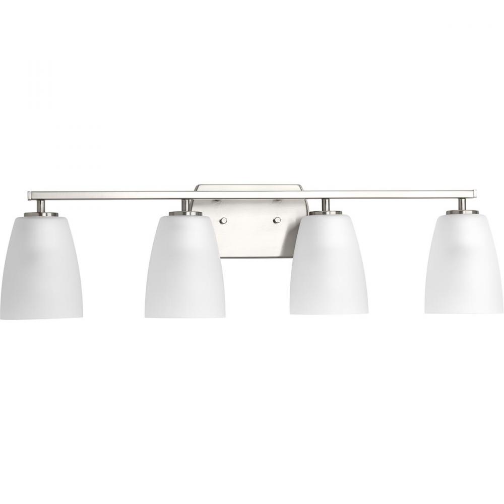 Leap Collection Four-Light Brushed Nickel Etched Glass Modern Bath Vanity Light