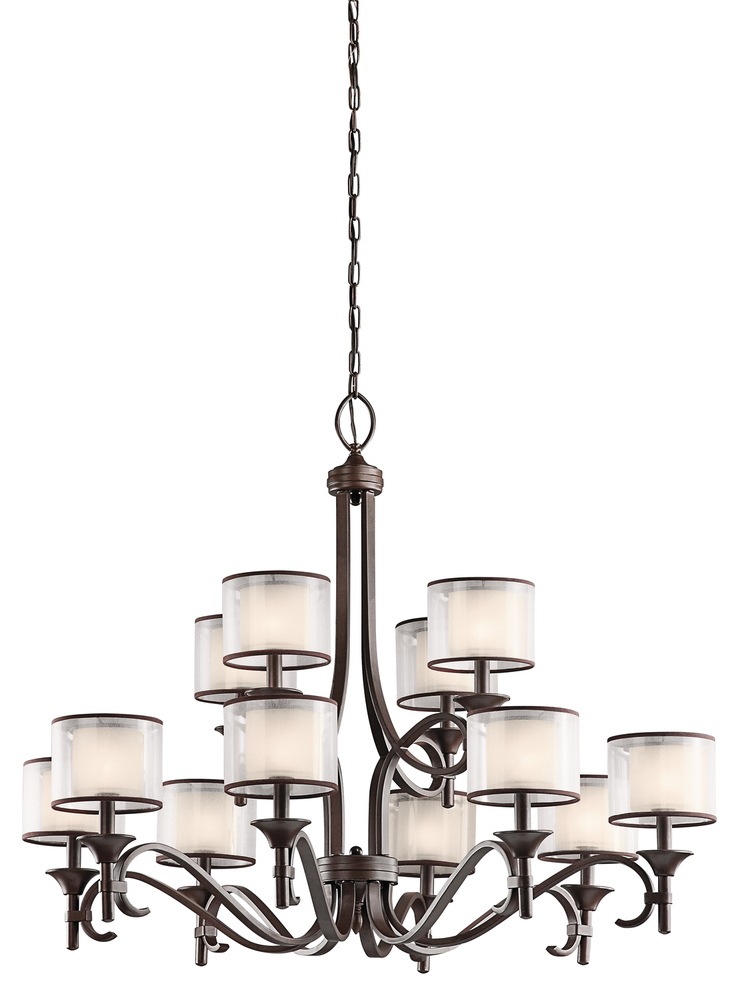 Lacey 32" 12 Light 3 Tier Chandelier with Satin Etched Cased Opal Inner Diffusers and Light Umbe