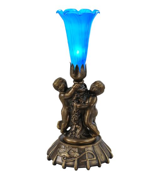12" High Blue Pond Lily Twin Cherub Mini Lamp