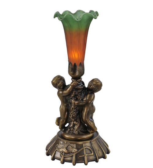 12" High Amber/Green Tiffany Pond Lily Twin Cherub Mini Lamp