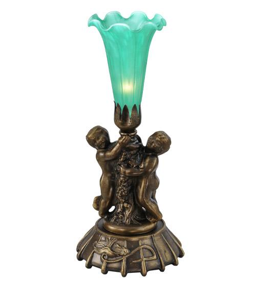 12" High Green Tiffany Pond Lily Twin Cherub Mini Lamp